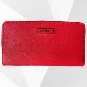 DKNY Red Saffiano Leather Zip Around Wallet NEW